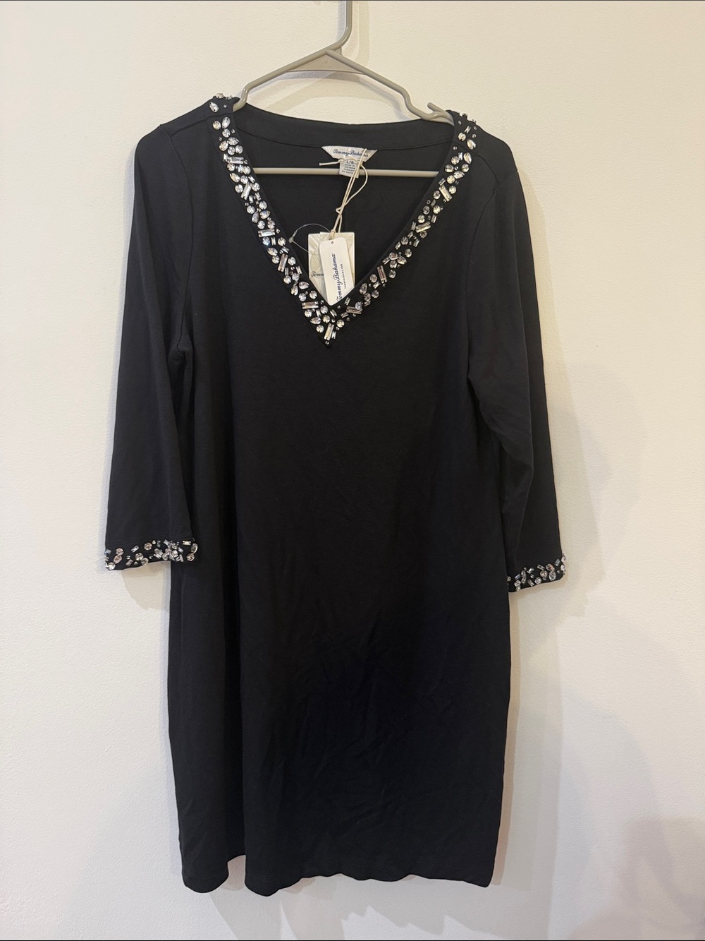 Tommy Bahama Black Long Sleeve V-Neck Dress with Crystal Embellishment